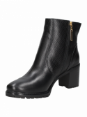 Botín negro de cuero para mujer, elegante, con patrón de rombos y cierre lateral para mayor comodidad.