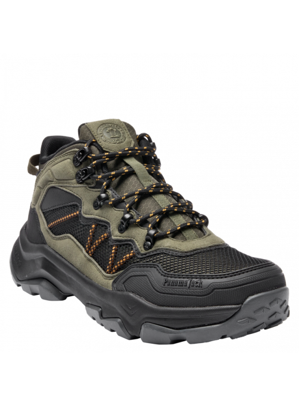 Botín verde de estilo outdoor para hombre, ideal para trekking, con diseño robusto y detalles en zigzag.