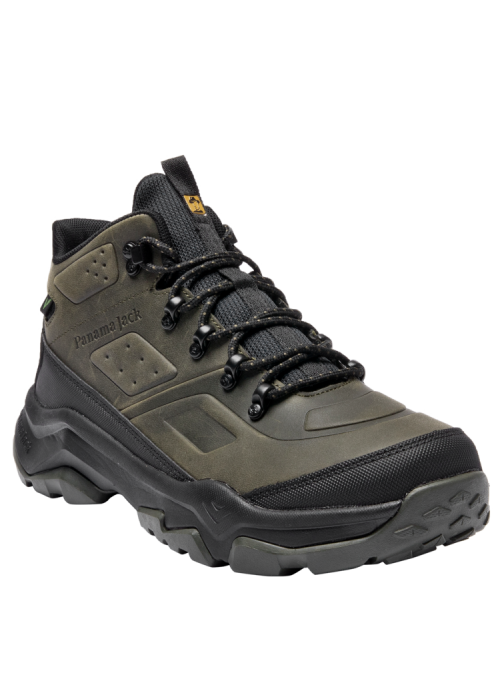 Botín verde para hombre, estilo outdoor, ideal para trekking, con ojales metálicos y cordones gruesos para ajuste firme.