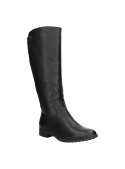 Elegante bota de cuero negro para mujer, perfecta para combinar con abrigo largo en invierno, diseño clásico y atemporal.