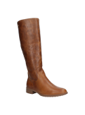 Bota de cuero café para mujer, caña alta, tendencia minimalista, ideal para cenas, reuniones o paseos urbanos.