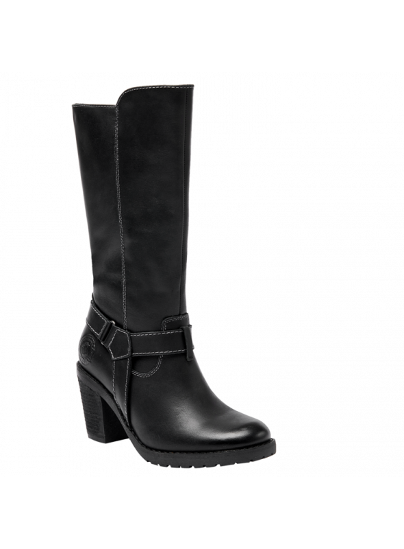 Bota de mujer en cuero café, caña alta y taco estable, adecuada para eventos semi-formales o informales en días frescos.