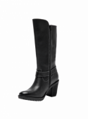 Bota de cuero negro para mujer, estilo casual, con caña alta y taco medio grueso, perfecta para un look country-chic.