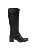Elegante bota de cuero negro para mujer, diseño atemporal con caña alta, ideal para invierno y eventos sociales.