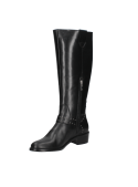 Bota alta de cuero negro para mujer, estilo casual, con tira decorativa y hebilla, ideal para atuendos sofisticados.