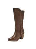 Bota de mujer en cuero café, diseño clásico y elegante con caña alta, ideal para estilo casual y tendencia country-chic.