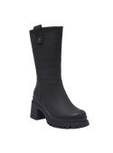 Bota de cuero negro con taco bloque, estilo casual para mujer, destacando en cualquier ocasión invernal.
