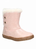 Bota moderna rosada para niña con brillo, botones laterales y borde peludo, ideal para un look acogedor.