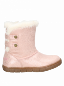 Bota infantil rosada con diseño llamativo y borde peludo, ideal para climas fríos y ocasiones casuales.