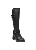 Bota negra de cuero para mujer con diseño casual y elegante, ideal para invierno, con correas y hebillas decorativas.