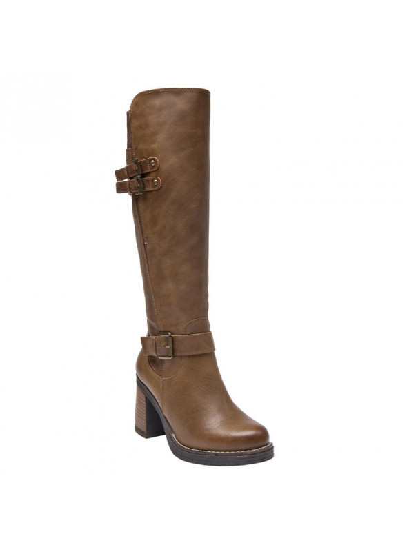 Bota de cuero café para mujer, estilo casual, con diseño elegante y robusto, ideal para clima invernal o formal.