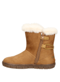 Calzado tipo botín camel para niña con detalles de borlas y cuentas, perfecto para un look invernal.