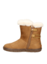 Calzado tipo botín camel para niña con detalles de borlas y cuentas, perfecto para un look invernal.