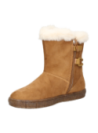 Bota camel casual para niña con diseño moderno y borde de forro tipo borrego, ideal para climas fríos.