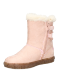 Bota rosada casual para niña con diseño tipo botín y borde superior de forro tipo borrego, ideal para climas fríos.