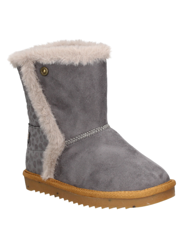 Calzado infantil gris casual, con detalles únicos como un borde de piel sintética y botón, ideal para el invierno.
