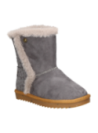 Calzado infantil gris casual, con detalles únicos como un borde de piel sintética y botón, ideal para el invierno.