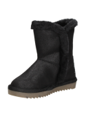 Bota negra casual para niña, con diseño invernal y ribete de peluche en el borde superior, ideal para días fríos.