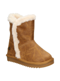 Bota invernal camel para niña, botón lateral y ribete de peluche, adecuada para actividades al aire libre en invierno.