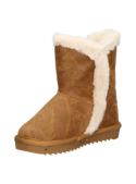 Bota camel casual para niña, con material textil y ribete de peluche que añade calidez y estilo invernal.