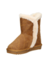 Bota camel casual para niña, con material textil y ribete de peluche que añade calidez y estilo invernal.