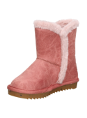 Bota rosada para niña, estilo casual invernal, con ribete de peluche en el borde superior y botón lateral decorativo.