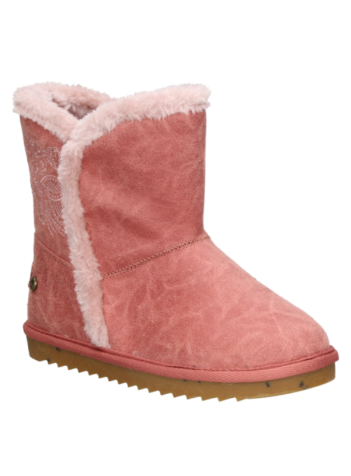 Bota casual rosada con ribete de peluche, suela resistente y forro interior, ideal para el colegio en días fríos.