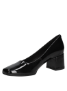 Zapato de mujer en cuero charol negro, silueta sofisticada tipo stiletto con un diseño limpio y sin adornos.
