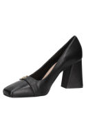 Zapato de cuero negro para mujer, casual, con aplique metálico y tacón ancho, ideal para ocasiones formales.