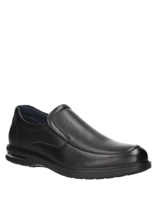 Horma amplia y diseño anatómico en zapato negro de cuero para hombre, estilo casual.