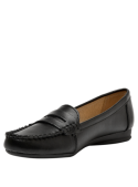 Zapato casual de cuero negro para mujer, artesanal, con tira superior. Ideal para atuendos formales e informales.