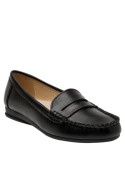 Elegante mocasín de cuero negro para mujer, con diseño clásico y horma redondeada, perfecto para ocasiones semiformales.