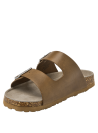 Sandalia camel de cuero para mujer, estilo casual tipo Birkenstock con tiras anchas ajustables y hebillas metálicas.