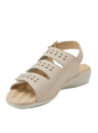Sandalia casual de cuero taupe para mujer, diseño cómodo y ventilado, perfecta para ocasiones informales y relajadas.
