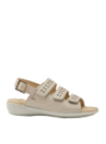 Sandalia de cuero taupe para mujer con hebilla ajustable, ideal para actividades cotidianas y confort prolongado.
