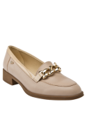 Zapato nude de cuero para mujer con punta puntiaguda y taco bloque de 3 cm, estilo casual.