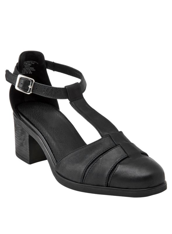 Zapato de mujer negro de cuero estilo T-bar con diseño elegante y clásico, ideal para eventos formales y semiformales.