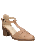 Zapato de mujer camel de cuero estilo casual con diseño T-bar y tacón medio grueso, ideal para eventos formales.