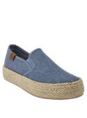 Alpargata azul casual para mujer, combina textil y cuero, con suela trenzada artesanal, ideal para un look relajado.