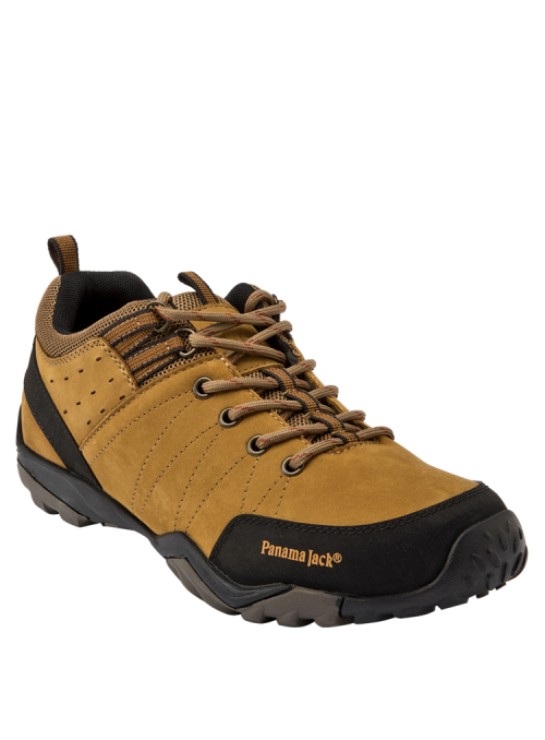 zapatilla de trekking camel para hombre con refuerzos en talón y puntera, asegurando durabilidad y protección en exteriores.