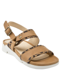Sandalia casual de mujer en camel, de cuero, con correas ajustables y estampado animal para un estilo sofisticado.
