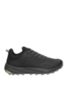 Zapatilla negra de trail running para hombre, con costuras y patrones moldeados que ofrecen un aire técnico y moderno.