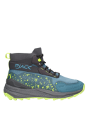 Calzado de trail running azul para hombre con suela de relieve pronunciado, proporcionando tracción y un diseño robusto.