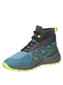 Zapatilla azul de trail running para hombre, caña alta estilo botín, ideal para actividades urbanas y al aire libre.