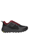 zapatilla negra de trail running para hombre con suela robusta y patrón de tracción, adecuada para diferentes superficies.