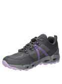 Zapatilla gris de trail running para mujer con suela gruesa y sistema de cordones seguro para exteriores.