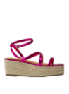 Sandalia de mujer magenta, cuero, plataforma alpargata, tiras cruzadas. Ideal para un look casual y veraniego.