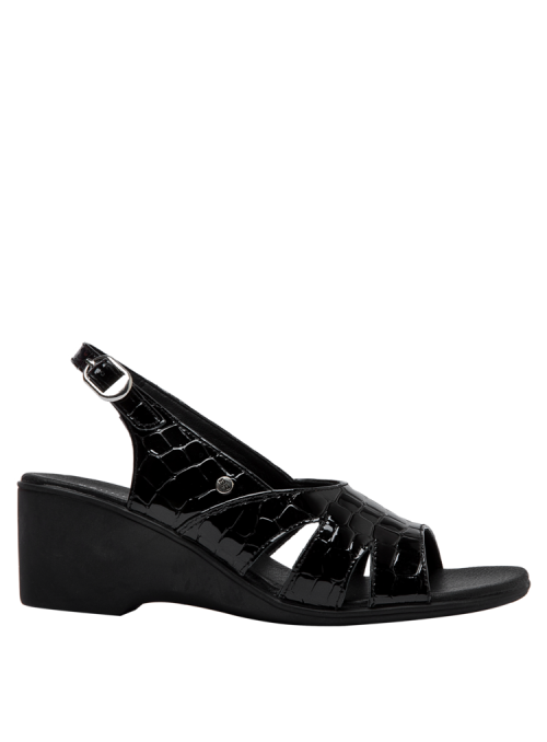 Sandalia de cuero negro con abertura delantera que permite frescura, perfecta para un día casual o reuniones informales.