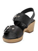 Sandalia casual de cuero negro para mujer, tacón ancho y elevado, combina comodidad con estilo audaz.