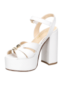 Sandalia de cuero blanco para mujer con plataforma alta y taco grueso, diseño elegante con correas cruzadas en el frente.